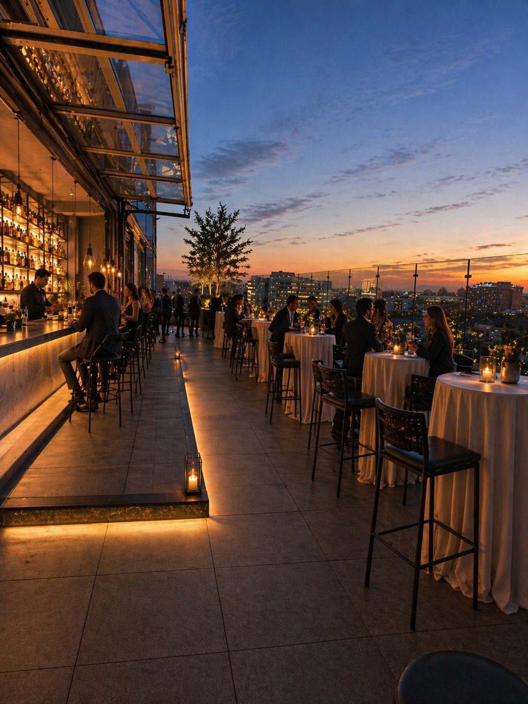 The Rooftop at Hide & Seek &mdash; outdoor terrace at dusk with city skyline